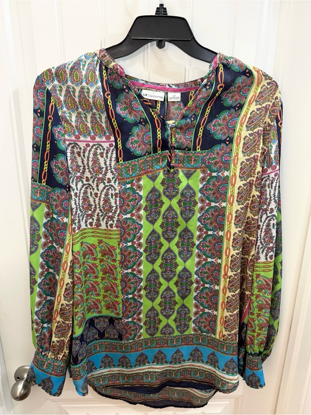 Liz Claiborne Multicolor Patchwork-Print Women’s Blouse - Green Accent LT